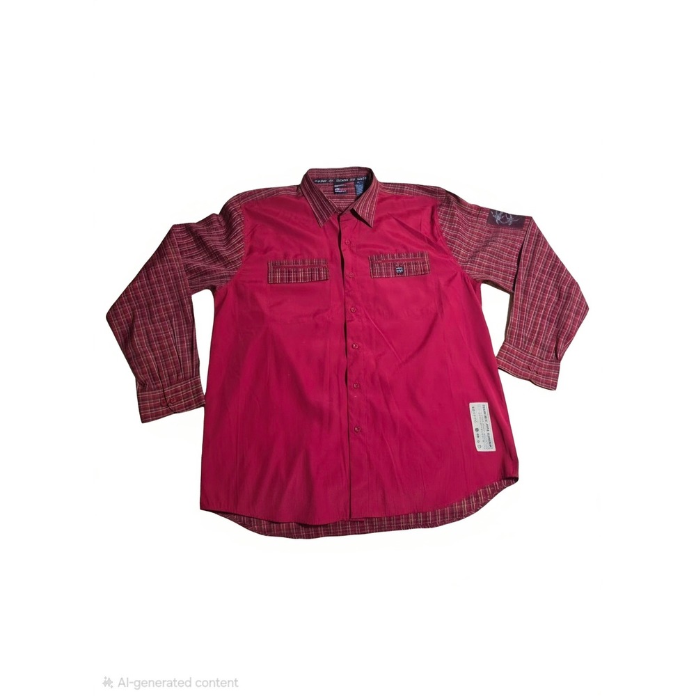 Bugle Boy Jean Company Mens Crimson Plaid Mixed Media Button Down Shirt Large